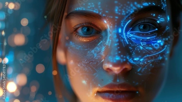 Fototapeta Close-up face of woman with digital interface, representing advanced technology ai and futuristic, facial woman and innovation with hologram, tech and intelligence of future.