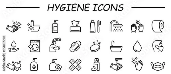 Fototapeta Set of icons related to hygiene. Linear icon collection. Vector illustration. Containing cleaning, disinfection, soap, bathing, sweep, shower, washing hands, clean and sanitation. Cleanliness concept