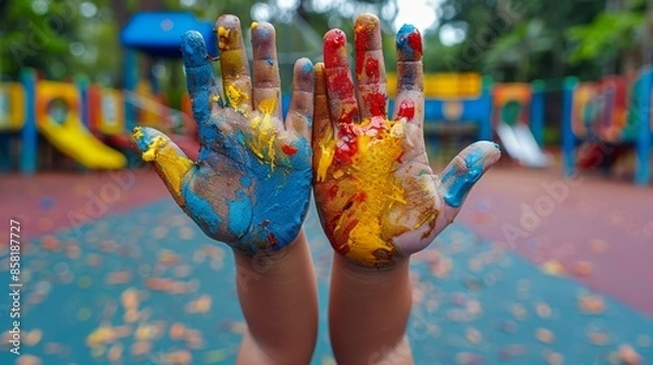 Fototapeta Child's Colorful Painted Hands with Playground Background