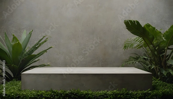 Fototapeta CONCRETE STONE PODIUM WITH TROPICAL FOLIAGE