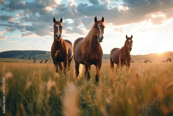Fototapeta View from beside body of a three Arabian Horse standing on grass, Awe-inspiring, Full body shot ::2 low Angle View