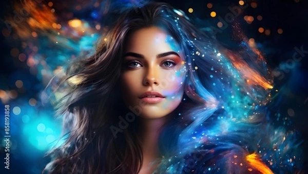 Fototapeta Fantasy abstract portrait of girl with digital paint splash on vibrant background. Generative AI