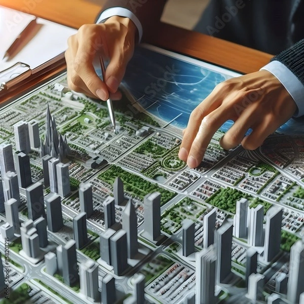 Obraz An urban planner interacts with a detailed city model, focusing on sustainable development and green spaces. AIG41
