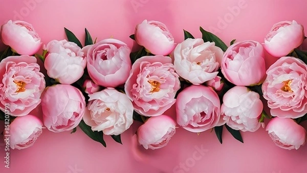 Fototapeta Beautiful pink peonies on pink background top view flat lay