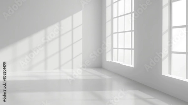 Fototapeta Empty White Room with Large Windows and Sunlight. Bright Minimalist Interior with Window Shadows