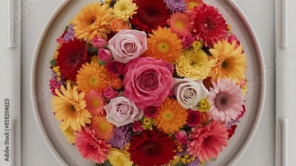 Fototapeta Top view of colorful roses gerbera and chrysanthemum flowers