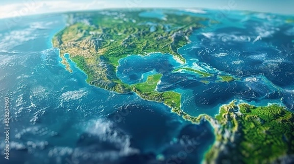 Fototapeta Satellite-generated map of Central America and the Caribbean, depicting topography with a 3D effect. illustration images