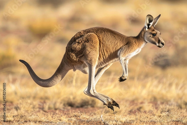 Obraz A kangaroo hops across the Australian outback, mid-air with legs extended