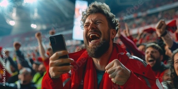 Fototapeta Sport Stadium Soccer Match: Caucasian Man Watching App, Bet, Score, Winnings, Cheering for Red Team to Win. Audience Celebrates Championship Win and Goal