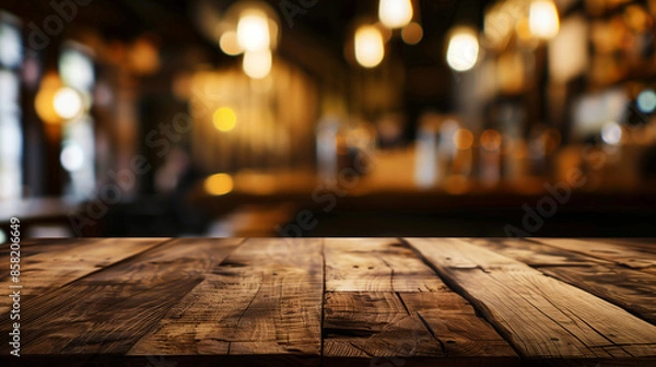 Obraz A wooden table with a blurry background and lights in the background. The scene is warm and inviting