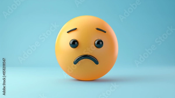 Fototapeta A 3D luxury yellow face emoji with a sad frown and tear-filled eyes, isolated on a white background with copy space for text. Sad emoji on a yellow background. Sad emoji kid standing alone in rainy. 