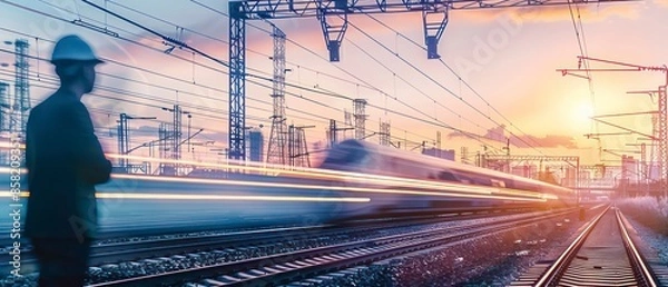 Fototapeta train station, advanced technology integrates with railway operations, facilitating motion and data exchange through digital communication and internet connectivity