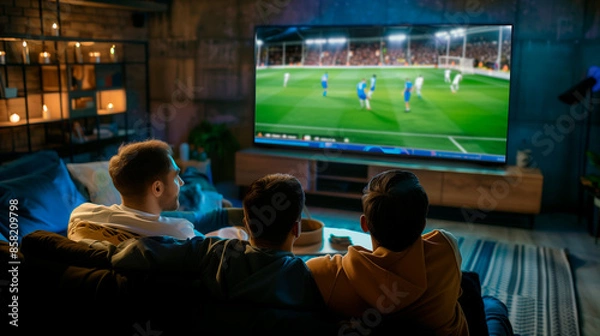 Obraz friends looking a soccer game together on the tv screen	

