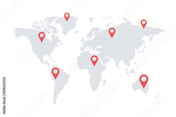 Obraz World map with location pins. Map of the world isolated on transparent background. Globe similar worldmap icon. Travel worldwide, map silhouette backdrop. World map vector.