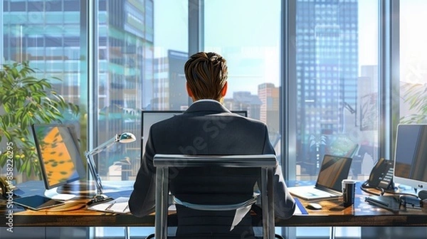 Fototapeta orporate manager in office workspace, back view, depicting administrative duties, advanced tone, colored pastel