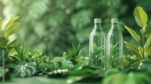 Fototapeta Two bottles of water are placed on a green leafy background