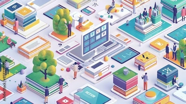 Obraz By showcasing the dynamic versatility of AI technology in data analysis through merchants using tablets to analyze data in different scenarios, the scenarios are rich and colorful