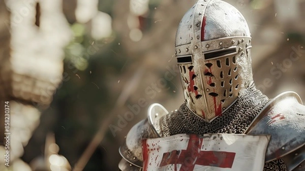 Obraz A closeup of the helmet and armor worn in the style of an medieval English knight, with a red cross on a white tabard, in a full body shot, with the background being a castle court