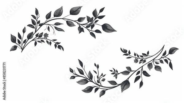 Fototapeta An arrangement of flowers and leaves on a tree branch. Modern graphic of laurel leaves.