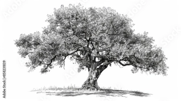 Obraz A hand drawn pencil sketch of a tree. Oak tree with leaves isolated vintage illustration. Vintage style nature illustration with details. Olive tree trunk. Ink sketch. Dry Crooked Tree. Freehand