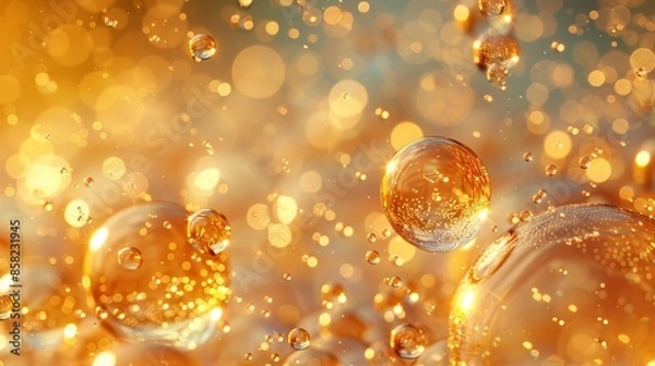 Fototapeta Close-up of golden oil drops suspended mid-air, illuminated by vibrant bokeh lights in the background, creating a sense of beauty and fluid motion in a contemporary setup.