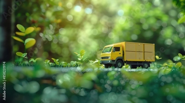 Obraz A yellow truck and cardboard boxes in a green forest with a blurred background, copy space concept for an online delivery service business idea in the style of space concept.
