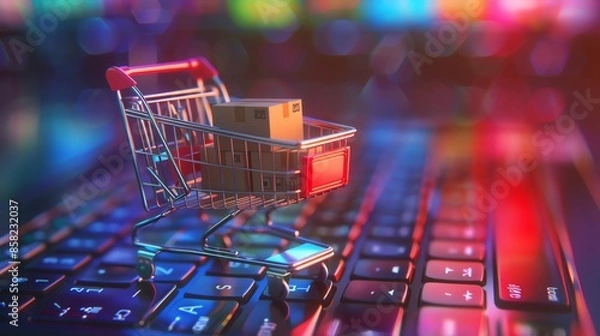 Obraz Abstract mini shopping cart with colorful boxes on computer keyboard, in the style of an online store concept background