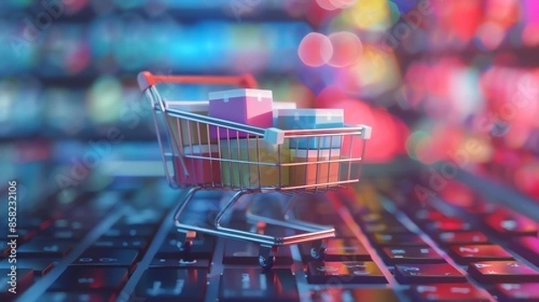 Obraz Abstract mini shopping cart with colorful boxes on computer keyboard, in the style of an online store concept background