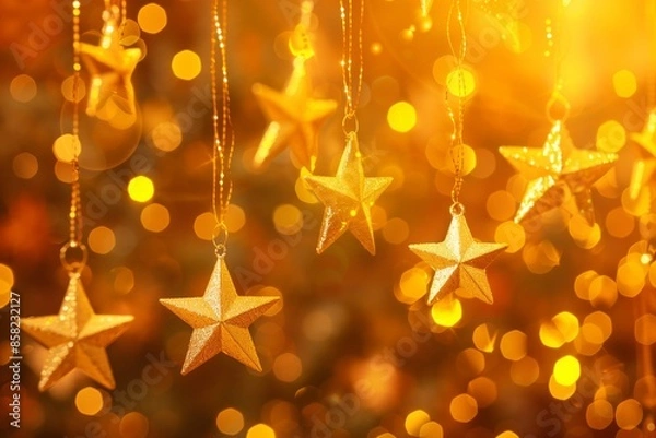 Fototapeta A bunch of gold stars hanging from a tree