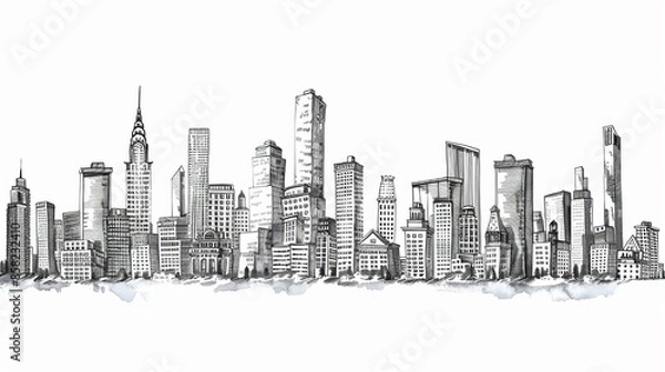 Fototapeta Decorative banner with hand drawn buildings of a big city and skyline with skyscrapers, with real estate background