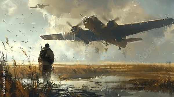 Obraz Concept art of an old war plane flying over wetlands, there is one man walking on the ground with his back to us in the distance, brush strokes, in the style of concept art.