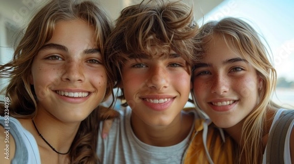 Fototapeta Three smiling teenagers with various expressions, posing closely together for a selfie, showcasing camaraderie, joy, and friendship in a candid moment.