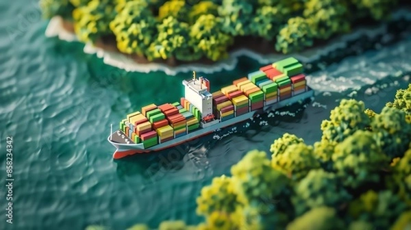 Obraz Isometric view of a cargo ship carrying containers on the sea, with green trees around, in the style of macro photography with soft lighting and a tilt-shift effect