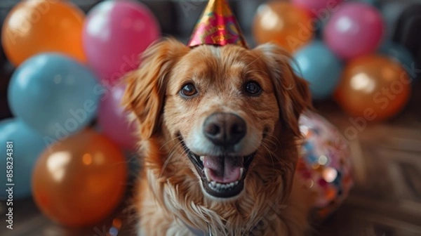 Fototapeta A joyful dog wearing a party hat surrounded by colorful balloons, creating an uplifting and heartwarming scene that brings out the celebratory spirit and playful energy.