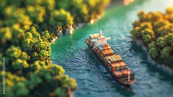 Obraz Isometric view of a cargo ship carrying containers on the sea, with green trees around, in the style of macro photography with soft lighting and a tilt-shift effect