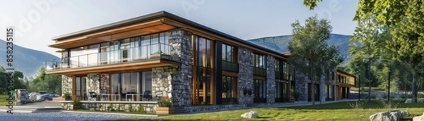 Fototapeta Building featuring stone and timber construction, lowimpact design, and energyefficient design, front view, illustrating green innovation, advanced tone, Complementary Color Scheme