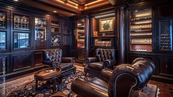 Fototapeta sophisticated cigar lounge with dark wood paneling, leather seating, and a built-in humidor