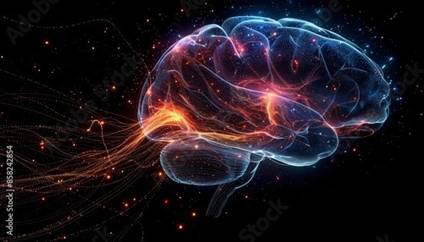 Fototapeta Futuristic Digital Brain with Neural Network Connections and Glowing Synapses in a Dark Space