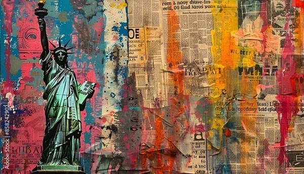 Obraz Vibrant Street Art Featuring the Statue of Liberty Against a Colorful Newspaper Collage Background