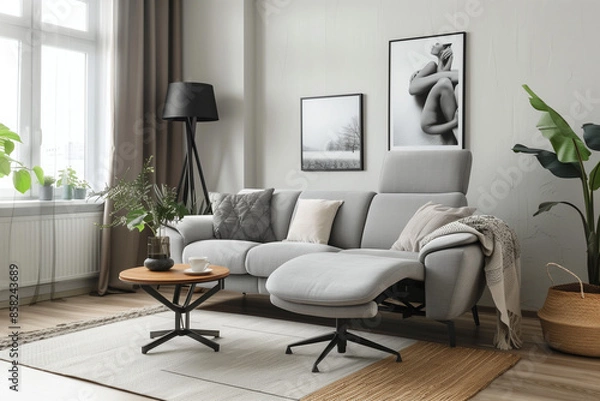 Obraz grey sofa and recliner chair in scandinavian apartment with modern interior room design with plants