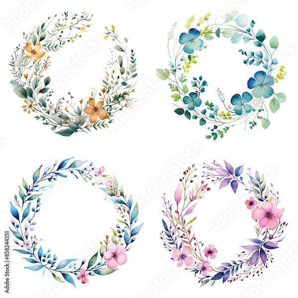Fototapeta Watercolor painted frame, wreaths, sets with flowers leaves and branches, floral frames illustration, greeting card vector design, isolated on transparent background
