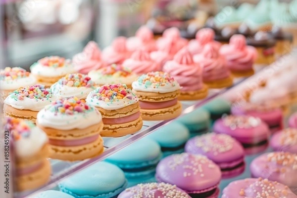Fototapeta A display of colorful pastries with sprinkles and frosting