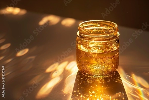 Fototapeta A jar of liquid is sitting on a table, with a light shining on it