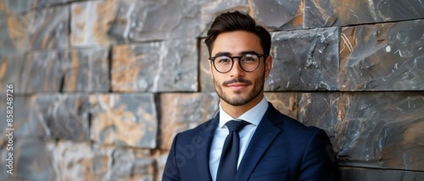 Obraz Young businessman in suit before office building background,copy space concept,mockup template.