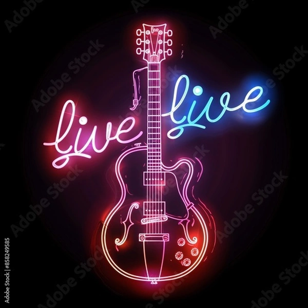 Obraz Neon rock guitar advertising on the wall and text live. Neon advertising of a rock bar and concert