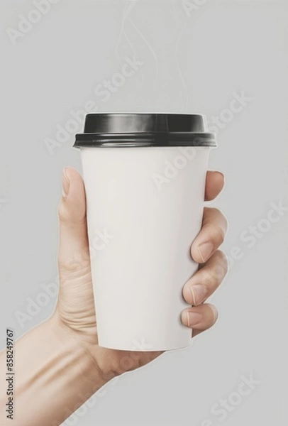 Fototapeta Hand Holding White Takeaway Coffee Cup Mockup with Black Lid for Beverage Product Branding and Design - Generative ai