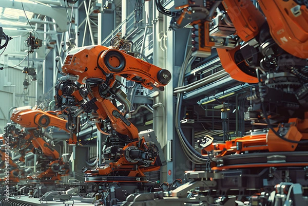 Fototapeta A high-tech factory with robots on an assembly line, manufacturing car body parts efficiently.