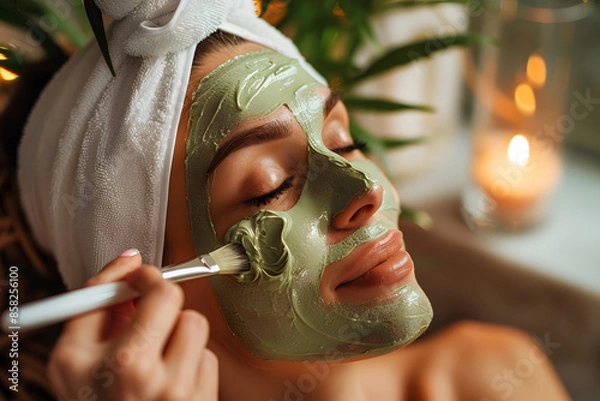 Obraz A vibrant photo of a person applying a cannabis-infused facial mask, with the product packaging visible, set in a luxurious home spa environment