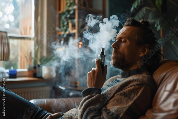 Fototapeta A detailed photo of a patient using a medical cannabis vaporizer at home, with a relaxed and comfortable setting, emphasizing the ease of use and therapeutic benefits 
