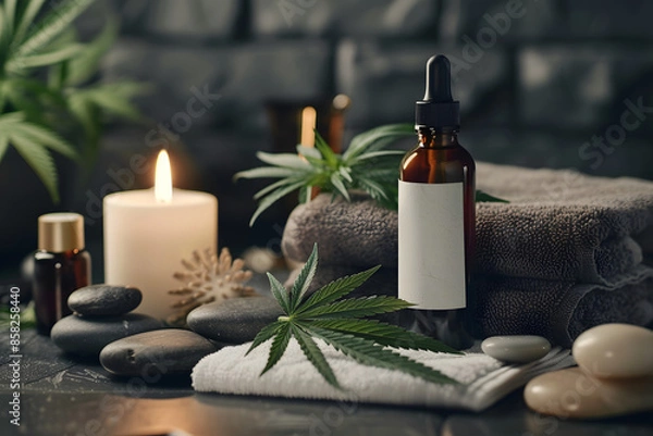 Obraz A high-quality photo of a cannabis-infused lotion bottle with a blank label, surrounded by spa elements like towels, stones, and candles, set in a tranquil spa setting 